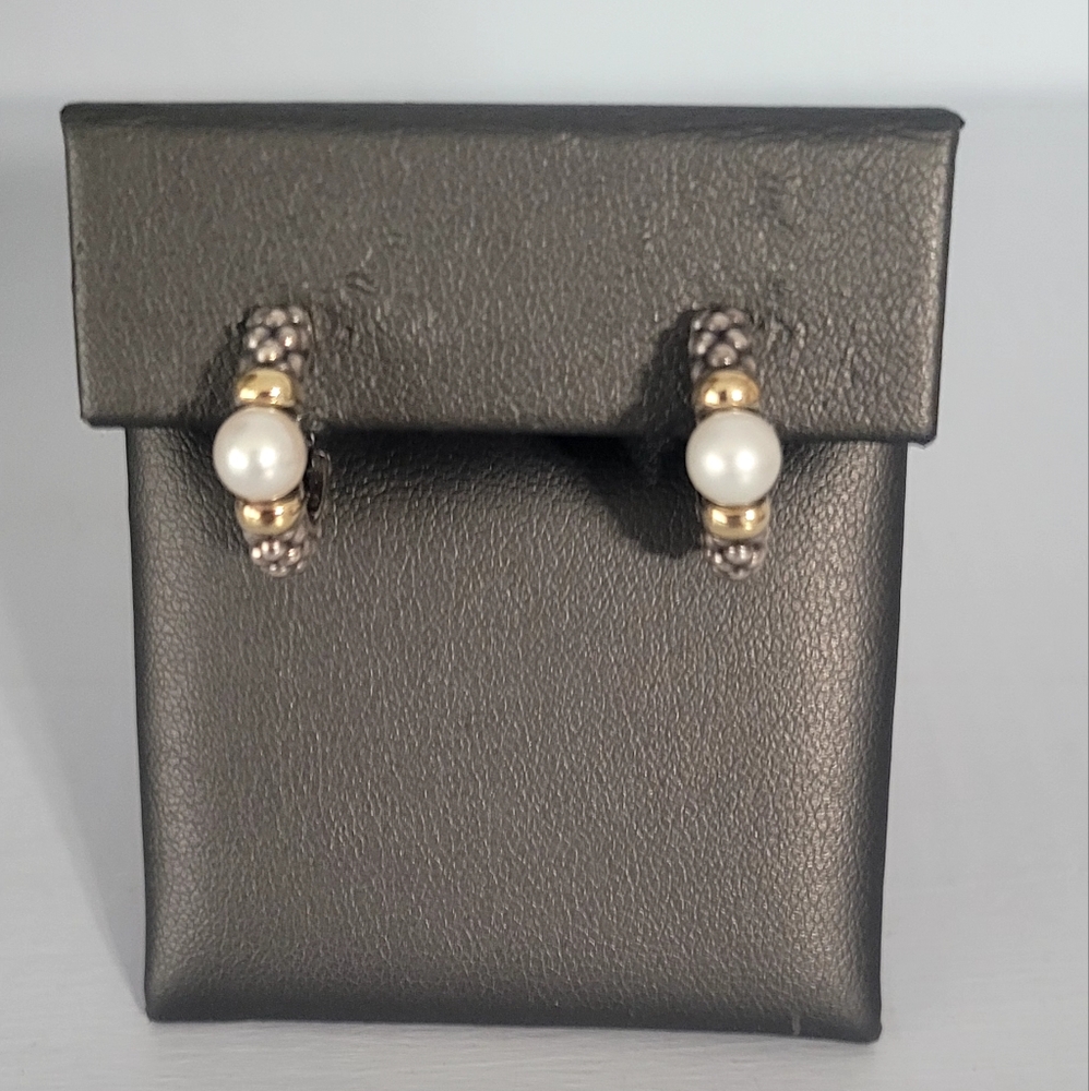 LagosTwo-Tone Pearl Caviar Hoop Earrings